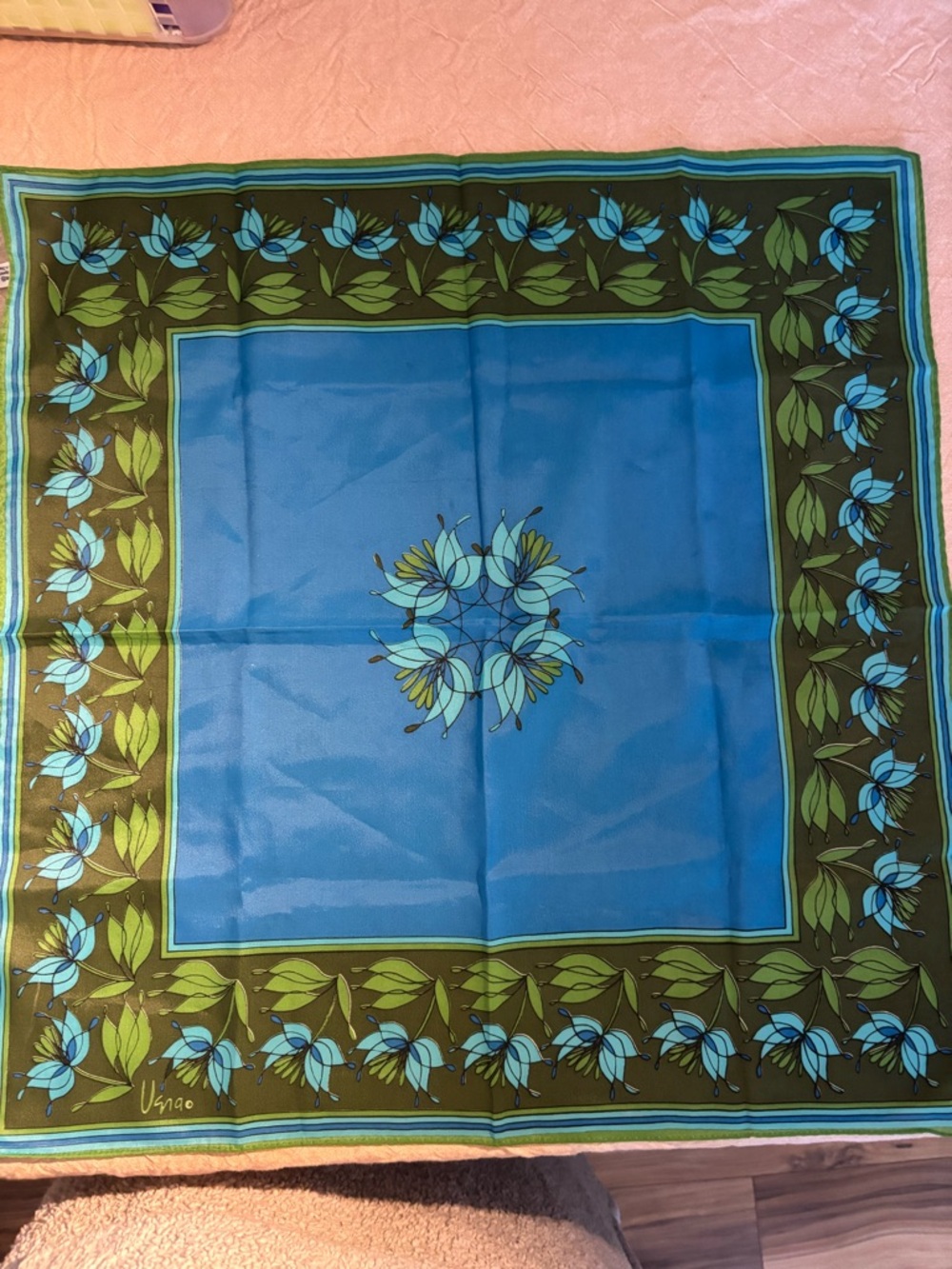 Vintage Vera Neumann 
Blue and Olive Floral Square Scarf
